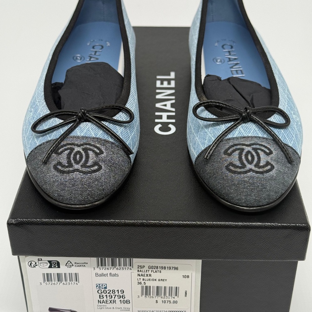 Chanel Denim Printed Quilt CC Cap Toe Ballerina Flats Size 36.5 NEW - Picture 4 of 8
